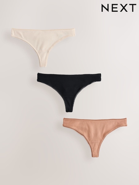Black/Caramel Nude/Praline Nude Thong Cotton Rib Knickers 3 Pack (F17458) | €17.50