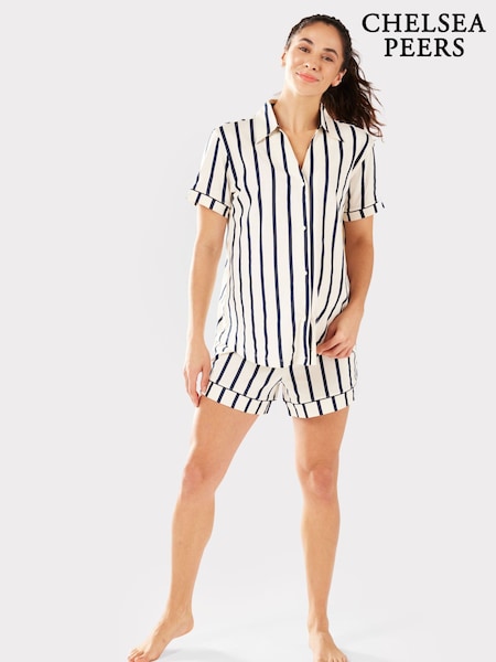 Chelsea Peers Maternity 100% Organic Cotton Navy And Cream Stripe Print Short Pyjamas Set (F17524) | R$ 445