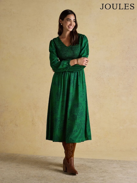 Joules Lilliana Green Shirred Dress (F17525) | R$ 585