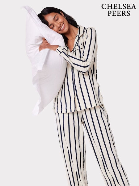 Chelsea Peers White/Blue 100% Cotton Stripe Long Pyjamas Set (F17534) | AED320