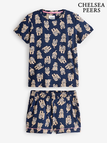 Chelsea Peers Blue Short Pyjamas Cockapoo Print Crewneck Long Pyjama Set (F17535) | €37