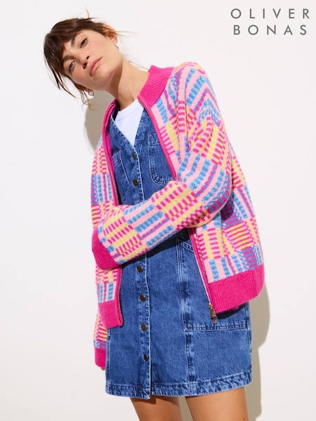Oliver Bonas Pink Geometric Funnel Neck Knitted Jacket (F17542) | €74