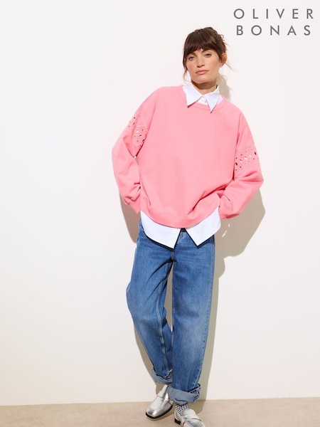 Oliver Bonas Pink Broderie Drop Shoulder Sweatshirt (F17549) | €50
