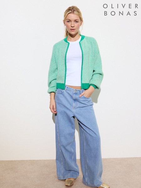 Oliver Bonas Green Ribbed Knitted Bomber Jacket (F17566) | OMR18