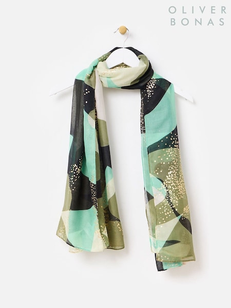 Oliver Bonas Green Abstract Floral Gold Foil Lightweight Scarf (F17588) | €35
