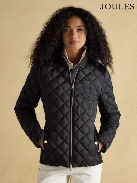 Joules Braemar Luxe Black Showerproof Diamond Quilted Coat (F17621) | R$ 1,275