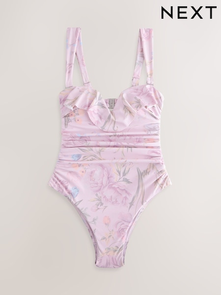 Lilac Purple Floral Frill Bandeau Tummy Control Swimsuit (F17636) | R$ 340