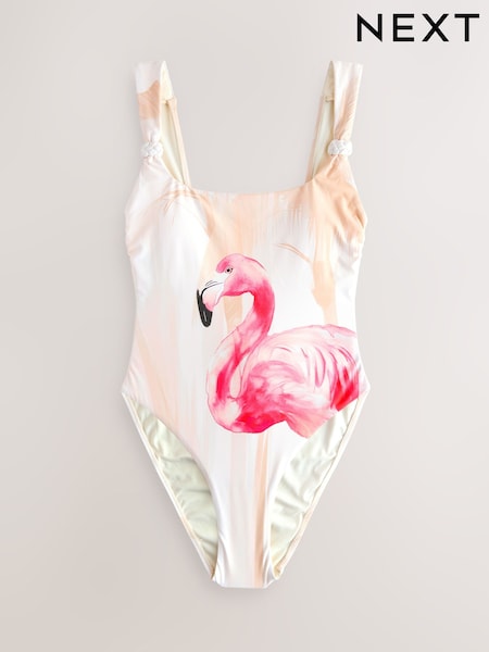Cream/Pink Flamingo Placement Print Tummy Control Scoop Neck Swimsuit (F17653) | €52