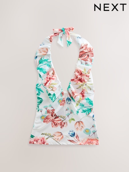 Cream Floral Print High Shine Frill Halterneck Tummy Control Tankini Top (F17679) | R$ 305