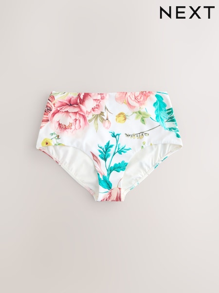 White Floral Print High Shine High Waist Bikini Bottoms (F17698) | R$ 155