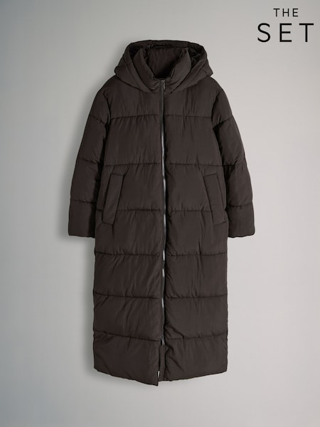The Set Chocolate Brown Hooded Longline Padded Maxi Coat (F17740) | €59
