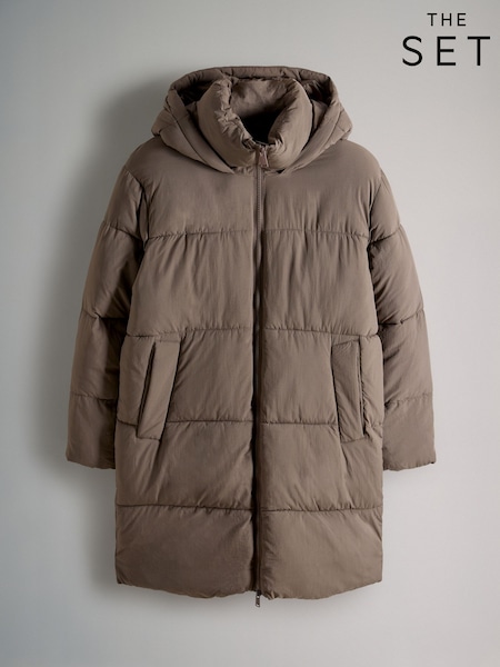 The Set Taupe Brown Hooded Longline Padded Midi Coat (F17742) | €56