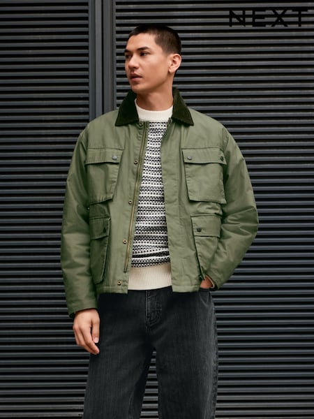 Khaki Green Waxed 4 Pocket Cord Collar Jacket (F17821) | €85