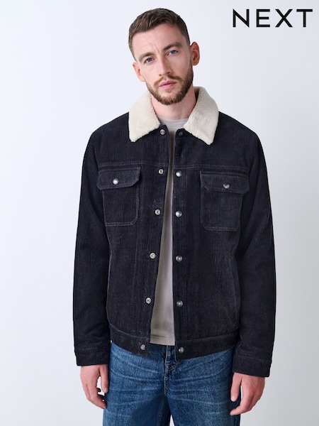 Negru - Corduroy Borg Lined Trucker Jacket (F17826) | 507 LEI