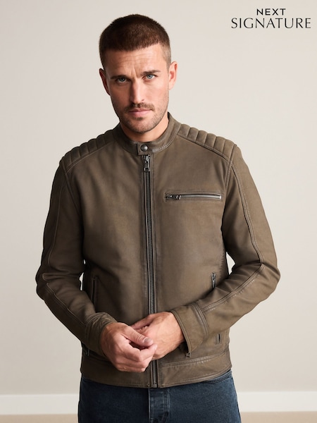 Brown Nubuck Signature Leather Racer Jacket (F17878) | €212