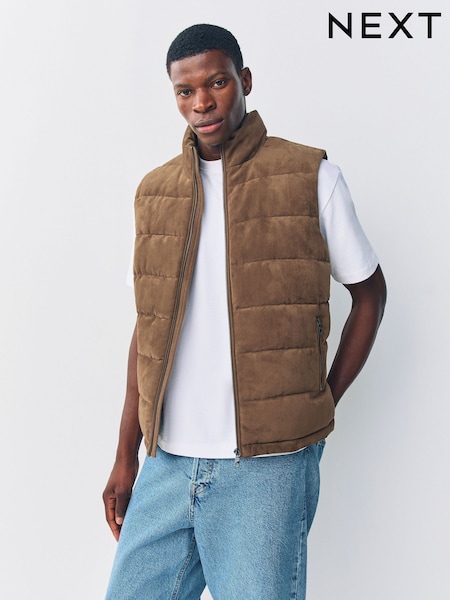 Tan Brown Faux Suede Quilted Gilet (F17881) | AED241