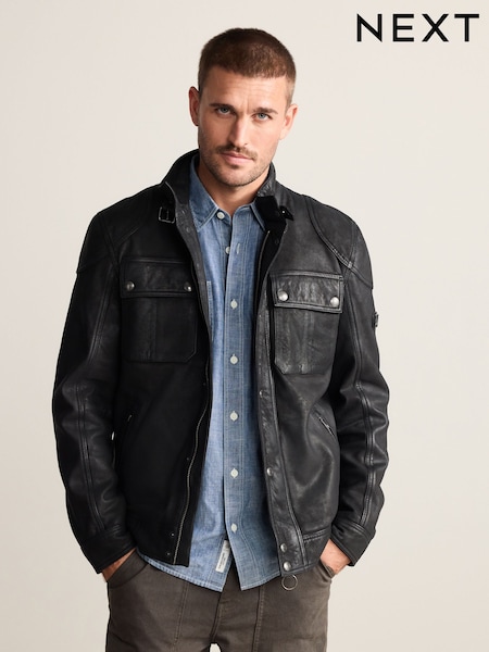 Black Nubuck Four Pocket Leather Biker Jacket (F17886) | AED809
