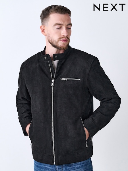 Black Faux Suede Borg Lined Racer Jacket (F17893) | AED341