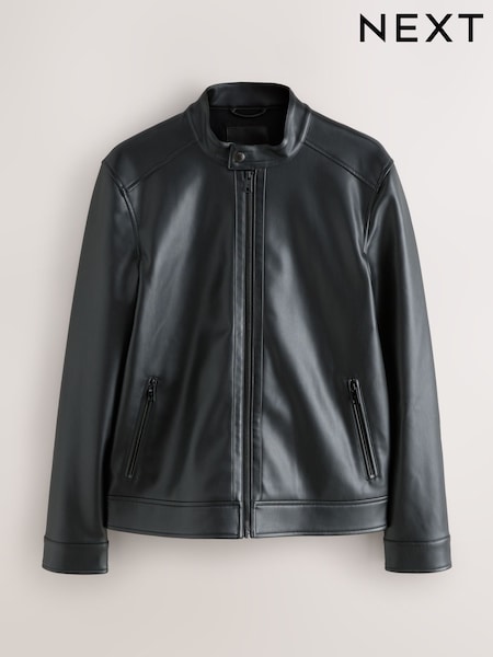 Black Faux Leather Racer Jacket (F17899) | AED328