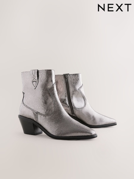 Metallic Silver Leather Standard/Wide Fit Forever Comfort® Cowboy Block Heel Ankle Boots (F17920) | R$ 515