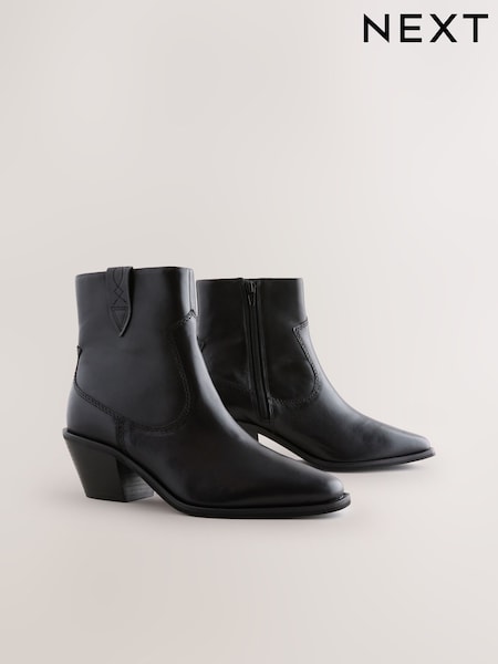 Black Leather Standard/Wide Fit Forever Comfort® Cowboy Block Heel Ankle Boots (F17921) | AED247