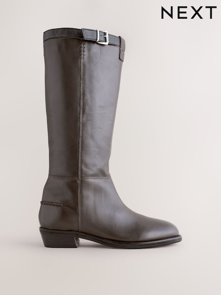 Chocolate Brown Leather Forever Comfort® Knee High Round Toe Buckle Strap Boots (F17929) | €117