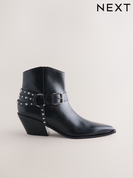 Black Leather Forever Comfort® Stud Harness Western Ankle Boots (F17935) | €80
