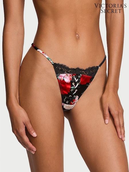 Victoria's Secret Black Floral Atelier Satin Lace Trim Tanga Knickers (F18018) | €110