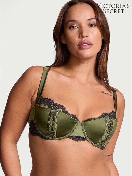 Victoria's Secret Woodland Green Silk Satin Lace Lightly Lined Balcony Bra (F18026) | €157