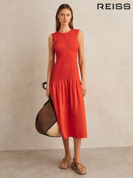 Reiss Red Annabel Petite Cotton Shirred Midi Dress (F18086) | €350