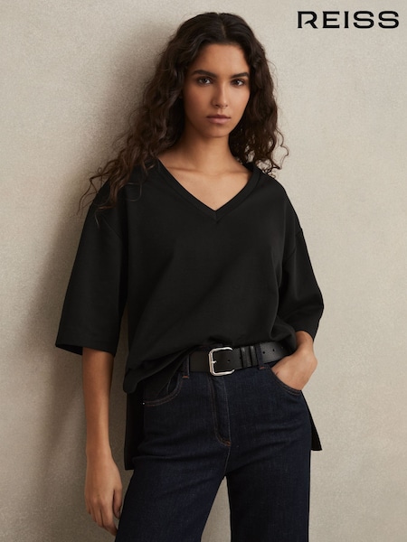 Musta - Reiss Annabel Stretch--Cotton Oversized V-kaula-aukko T-paita (F18102) | €76