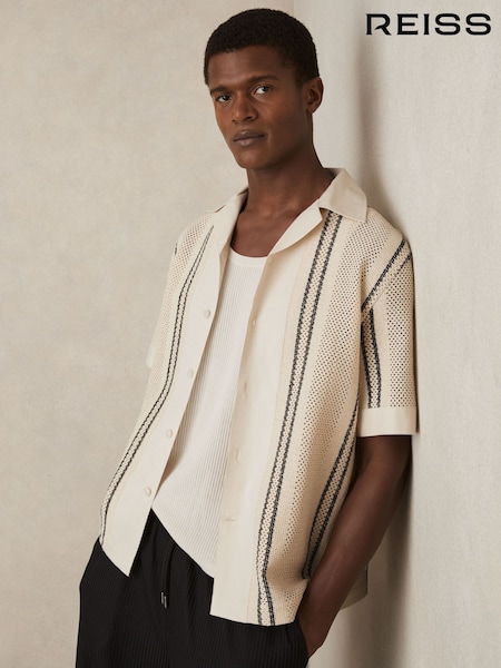 Reiss Off White/Navy Opal Crochet Stripe Cuban-Collar Shirt (F18113) | €185