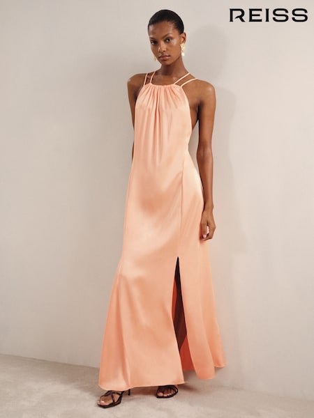 Персиковый - Reiss Tallie Satin Halterneck Maxi Dress (F18144) | €274