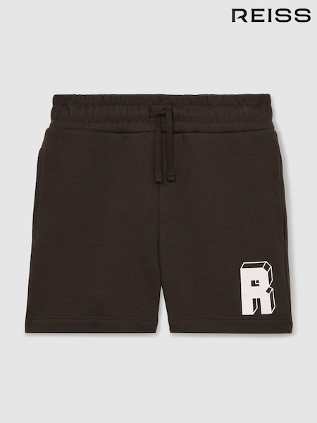 Reiss Chocolate Brown / Off White Marcus 13-14 yrs Jersey Drawstring R Print Shorts (F18152) | ₪219