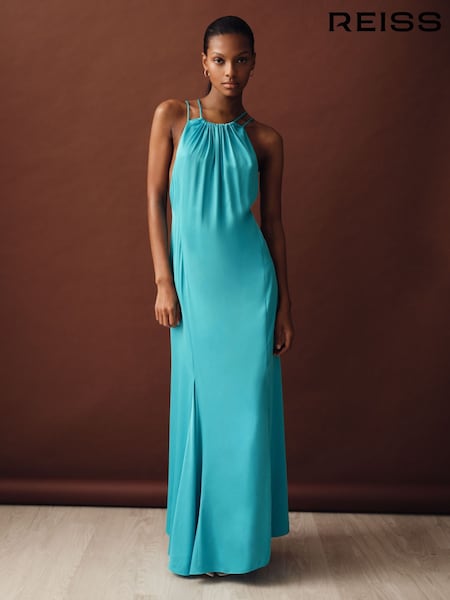 Reiss Blue Tallie Satin Halterneck Maxi Dress (F18159) | €276