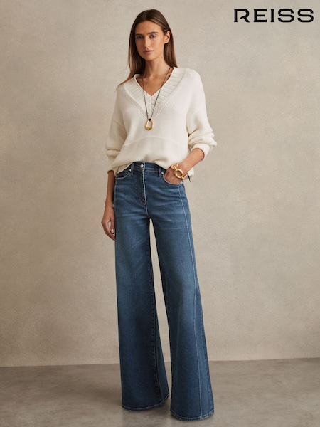 Reiss Mid Blue Heather Stretch-Cotton Wide-Leg Jeans (F18180) | €244