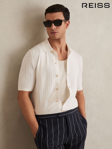 Reiss White Thames Textured Knit Button-Through Shirt (F18227) | €174