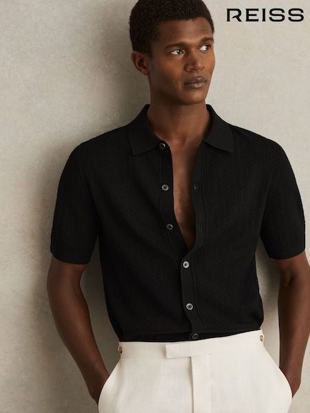Reiss Black Thames Textured Knit Button-Through Shirt (F18231) | €170