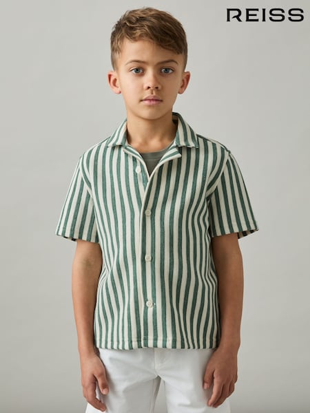 Reiss Green/White Trig 9-13 yrs Textured Stripe Cuban-Collar Shirt (F18235) | €58