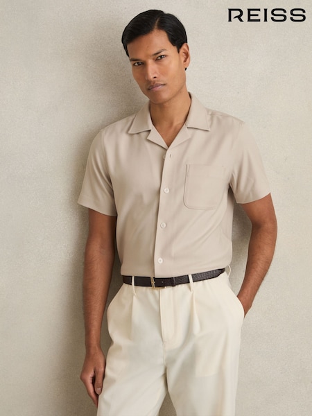 Reiss Stone Nitus Herringbone Twill Cuban Collar Short Sleeve Shirt (F18236) | €167