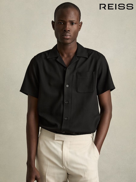 Reiss Black Nitus Herringbone Twill Cuban Collar Short Sleeve Shirt (F18257) | 809 QAR
