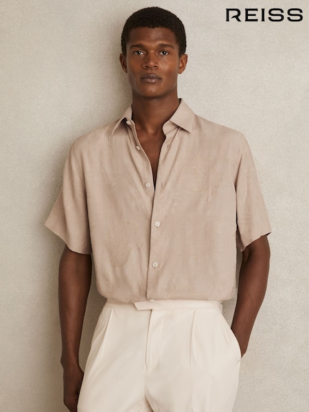 Reiss Oatmeal Coupe Floral-Jacquard Short-Sleeve Shirt (F18258) | 882 QAR