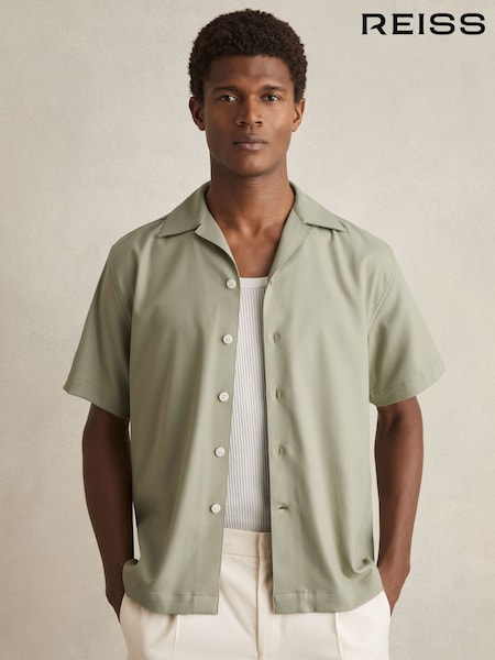 Reiss Sage Green Nitus Herringbone Twill Cuban Collar Short Sleeve Shirt (F18262) | 809 QAR