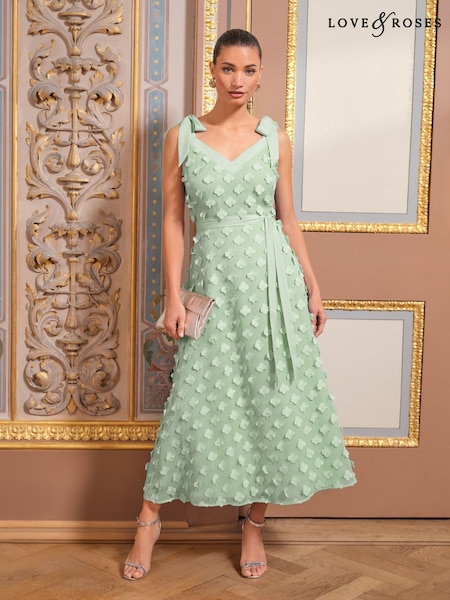 Love & Roses Sage 3D Tie Shoulder Midi Dress (F18273) | €131