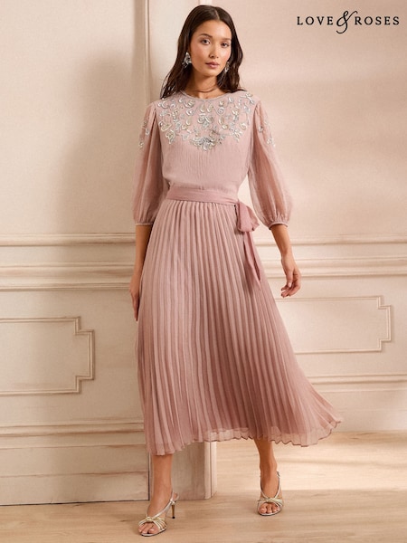 Love & Roses Embellished Crew Neck Pleated Midi Dress (F18291) | 953 LEI