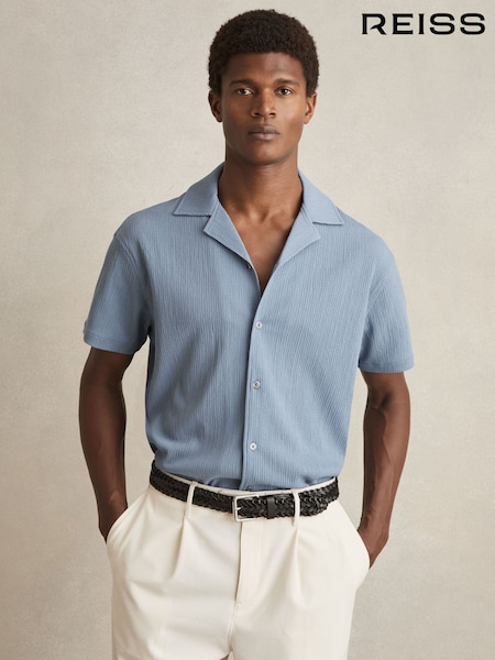 כחול רך - Reiss Hunt Textured Crepe Cuban Collar Shirt (F18313) | ‏496‏₪