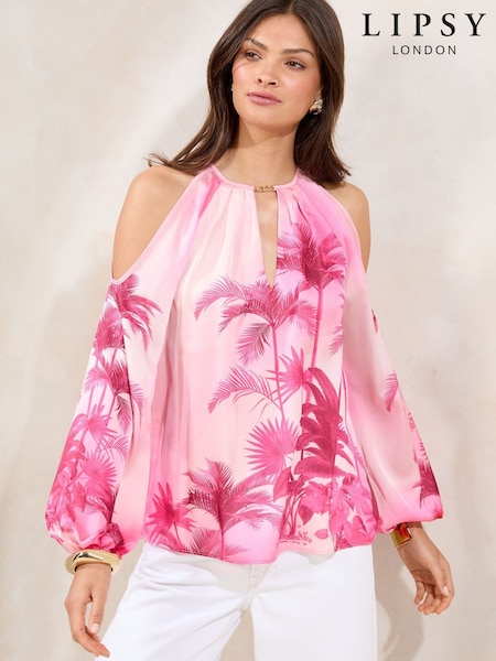 Lipsy Pink Printed Satin Cold Shoulder Top (F18331) | AZN 105