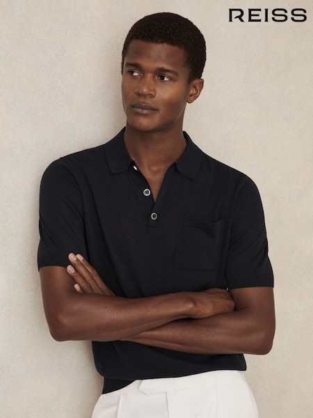 Reiss Navy Nelson Patch Pocket Knit Polo Shirt (F18348) | €119