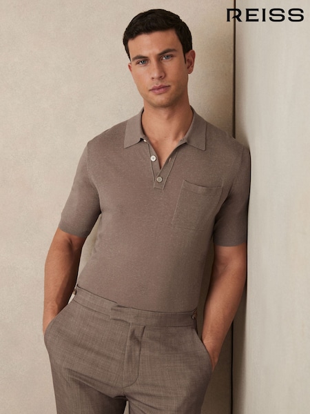 Reiss Mink Brown Nelson Patch Pocket Knit Polo Shirt (F18354) | €119