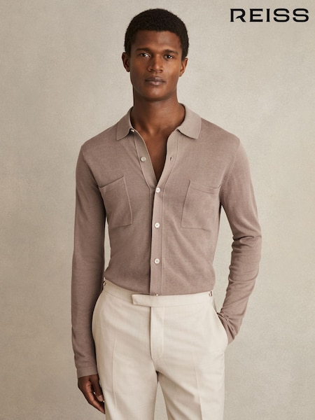 Reiss Taupe Brown Mellor Button-Through Knit Shirt With Linen (F18355) | 720 QAR